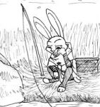  2017 3_toes ambiguous_gender anthro basket black_and_white closed_frown clothing ears_up eyebrows feet fishing fishing_line fishing_rod grass lagomorph leporid low_res mammal medieval medieval_clothing monochrome outside plant rabbit raised_eyebrow sitting solo spiff thumbnail toeless_footwear toes traditional_media_(artwork) tunic wraps wrist_wraps 