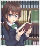  1girl :o bangs black-framed_eyewear black_jacket blazer blue_eyes blush book bookshelf bow brown_hair collared_shirt commentary_request dress_shirt eyebrows_visible_through_hair glasses green_bow hair_between_eyes hands_up highres holding holding_book jacket long_hair long_sleeves looking_at_viewer low_twintails minakami_mimimi open_book original over-rim_eyewear parted_lips semi-rimless_eyewear shirt solo twintails upper_body white_shirt 