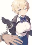  1girl 1other bangs blonde_hair blue_eyes blue_neckwear blue_skirt breasts cuffs eyebrows_visible_through_hair fur_collar girls_frontline gloves hair_between_eyes hair_ornament handcuffs highres jacket large_breasts long_sleeves looking_at_viewer mole mole_under_eye out_of_frame sakana-ko shirt short_hair skirt snowflake_hair_ornament solo_focus strap vsk-94_(girls_frontline) white_background white_shirt 