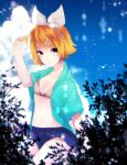  1girl bangs bikini bikini_top blonde_hair blue_jacket blue_shorts blue_sky bow cloud commentary cowboy_shot day hair_bow hair_ornament hairclip hand_up highres jacket kagamine_rin open_clothes open_jacket outdoors plant short_hair short_shorts shorts sky solo swept_bangs swimsuit un_known9999 vocaloid white_bow 