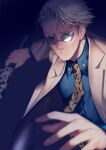  1boy blue_shirt blurry cheekbones closed_mouth collared_shirt commentary_request depth_of_field formal furrowed_eyebrows hand_up highres holding holding_sword holding_weapon jacket jujutsu_kaisen lapel long_sleeves looking_at_viewer male_focus nanami_kento necktie rahato round_eyewear serious shirt short_hair solo suit_jacket sunglasses sword upper_body weapon white_hair white_jacket 