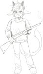  ambiguous_gender anthro bottomwear chabett child clothing dragon full-length_portrait gun hi_res horn looking_at_viewer pants pgm300 portrait ranged_weapon rifle shirt short smoke smoking_gun solo topwear weapon young 