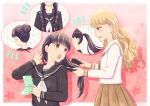  2girls :o asaijou black_hair black_serafuku blonde_hair braid brown_eyes hair_brush hair_brushing hair_bun holding holding_hair holding_mirror imagining long_hair mirror multiple_girls open_mouth original ponytail school_uniform serafuku speech_bubble twin_braids wavy_hair 