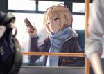  1girl bag bangs black_jacket blonde_hair blue_scarf blurry blurry_background blurry_foreground bus_interior cellphone closed_mouth commentary_request day depth_of_field ear_piercing eyebrows_visible_through_hair green_eyes hair_between_eyes hand_up holding holding_phone hood hood_down hoodie jacket looking_away mappaninatta open_clothes open_jacket original phone piercing scarf school_bag school_uniform shirt sitting solo_focus upper_body white_hoodie white_shirt 