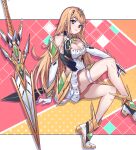  1girl blonde_hair breasts cleavage cleavage_cutout clothing_cutout highres large_breasts long_hair miniskirt mythra_(xenoblade) pixerite skindentation skirt solo sword weapon xenoblade_chronicles_(series) xenoblade_chronicles_2 yellow_eyes 