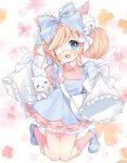  1girl :d animal apron bag bangs bell blonde_hair blue_apron blue_bow blue_eyes blue_flower blue_footwear blush borrowed_character bow brown_flower cat collared_dress commentary_request cutesu_(cutesuu) double_bun dress eyebrows_visible_through_hair eyepatch feathered_wings floral_background flower frilled_bow frilled_legwear frills full_body gau_(n00_shi) hair_bell hair_bow hair_ornament highres jingle_bell kneehighs knees_together_feet_apart loafers long_sleeves looking_at_viewer medical_eyepatch mini_wings open_mouth original pink_dress pink_flower pink_legwear pleated_dress purple_flower ribbon-trimmed_dress ribbon_trim shoes shoulder_bag skirt sleeves_past_fingers sleeves_past_wrists smile solo white_background white_cat white_wings wide_sleeves wings 
