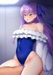  1boy 1girl bangs bare_shoulders blue_choker blue_eyes blue_swimsuit blush breasts choker collarbone covered_navel cowgirl_position drooling eyebrows_visible_through_hair faceless faceless_male fate/grand_order fate_(series) frilled_swimsuit frills girl_on_top groin hair_between_eyes hair_ribbon half_updo hetero implied_sex kisaragi_nana long_hair meltryllis meltryllis_(swimsuit_lancer)_(fate) narrow_waist off-shoulder_swimsuit off_shoulder one-piece_swimsuit open_mouth parted_hair purple_hair ribbon saliva sleeves_past_wrists small_breasts straddling sweat swimsuit very_long_hair 