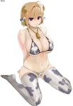  1girl absurdres animal_costume animal_ears animal_print arcueid_brunestud bell blonde_hair breasts chinese_zodiac cleavage cow_costume cow_ears cow_girl cow_horns cow_print cowbell ear_tag firstw1 full_body highres horns large_breasts looking_at_viewer navel red_eyes simple_background sitting solo thighhighs tsukihime twitter_username wariza white_background year_of_the_ox 