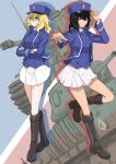  2girls absurdres adjusting_clothes adjusting_headwear andou_(girls_und_panzer) arl-44 bangs bc_freedom_(emblem) bc_freedom_military_uniform black_footwear black_hair blonde_hair blue_background blue_eyes blue_headwear blue_jacket blue_vest boots brown_eyes closed_mouth commentary_request crossed_arms dark_skin dress_shirt emblem eyebrows_visible_through_hair french_commentary frown girls_und_panzer ground_vehicle hat high_collar highres huge_filesize jacket kepi knee_boots leg_up long_sleeves looking_at_viewer medium_hair messy_hair military military_hat military_uniform military_vehicle miniskirt motor_vehicle multicolored multicolored_background multiple_girls oshida_(girls_und_panzer) pleated_skirt pointing red_background s35 shibainutank shirt silhouette skirt spade_(shape) standing standing_on_one_leg tank uniform vest white_shirt white_skirt 