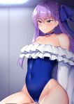  &gt;:q 1boy 1girl :q assertive_female bangs bare_shoulders blue_choker blue_eyes blue_swimsuit blush breasts choker collarbone covered_navel cowgirl_position cum cum_in_pussy eyebrows_visible_through_hair faceless faceless_male fate/grand_order fate_(series) frilled_swimsuit frills girl_on_top groin hair_between_eyes hair_ribbon half_updo hetero highres hip_bones implied_sex kisaragi_nana licking_lips long_hair meltryllis meltryllis_(swimsuit_lancer)_(fate) narrow_waist off-shoulder_swimsuit off_shoulder one-piece_swimsuit parted_hair purple_hair ribbon sleeves_past_wrists small_breasts straddling sweat swimsuit tongue tongue_out v-shaped_eyebrows very_long_hair 