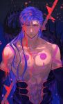  1boy abs bare_shoulders biceps blood blue_hair bodypaint character_name closed_mouth cu_chulainn_(fate)_(all) cu_chulainn_alter_(fate/grand_order) dark_persona earrings facepaint fate/grand_order fate_(series) gae_bolg iz_izhara jewelry long_hair male_focus muscular navel nipples pectorals polearm_behind_back red_eyes shirtless signature solo spikes tail type-moon wet wet_hair 