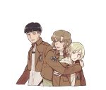  1boy 2girls annie_leonhardt belt black_eyes black_hair blonde_hair blue_eyes bowl_cut brown_hair brown_jacket emblem grey_eyes hitch_dreyse hood hoodie jacket long_sleeves marlowe_freudenberg medium_hair military military_police_brigade_(emblem) military_uniform multiple_girls open_clothes open_jacket open_mouth paradis_military_uniform pi0w0pi police ponytail shingeki_no_kyojin shirt short_hair simple_background smile suspenders tied_hair undercut uniform white_background 