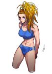  1girl abs artist_name bandaid bandaid_on_face bare_shoulders blonde_hair blue_eyes buruma captain_mizuki cropped_legs high_ponytail highres okada_(hoooojicha) one-punch_man ponytail simple_background solo sports_bra stomach toned white_background 