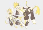  1boy 1girl aqua_eyes bangs bare_shoulders bass_clef belt black_shorts black_sleeves blonde_hair bow choker commentary detached_sleeves digital_dissolve floating from_behind full_body grey_background hair_bow hair_ornament hairclip head_tilt headphones kagamine_len kagamine_len_(append) kagamine_rin kagamine_rin_(append) leg_warmers looking_at_another one_eye_closed open_mouth pendant_choker see-through_legwear see-through_sleeves shirt short_hair short_ponytail shorts sinaooo sleeveless sleeveless_shirt smile spiked_hair swept_bangs vocaloid vocaloid_append white_bow white_shirt 