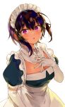  1girl apron black_hair blush breasts commentary_request dark_skin dark_skinned_female elbow_gloves eyebrows_visible_through_hair gloves hand_on_own_chest konbu_wakame lilith_(saikin_yatotta_maid_ga_ayashii) looking_at_viewer maid maid_headdress mole mole_on_breast mole_under_eye official_art parted_lips puffy_short_sleeves puffy_sleeves purple_eyes saikin_yatotta_maid_ga_ayashii short_hair short_sleeves simple_background solo white_apron white_background white_gloves 