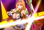  bangs blonde_hair breasts breath cleavage cleavage_cutout clothing_cutout dress earrings elbow_gloves gloves holding holding_sword holding_weapon jewelry large_breasts long_hair looking_at_viewer mythra_(xenoblade) open_hand shiny shoulders smile sword thick_thighs thighs very_long_hair weapon white_dress white_gloves xenoblade_chronicles_(series) xenoblade_chronicles_2 xin_weijue2 