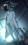  10:16 2021 ambiguous_gender anthro biped bottomless canid canine canis changed_(video_game) clothed clothing coat crotch_tuft detailed_background dr._k_(changed) duo first_person_view fur gas_mask half-closed_eyes hi_res inside katahane3 lab_coat looking_at_viewer mammal mask mid_transformation narrowed_eyes reaching red_eyes standing topwear transformation tuft white_body white_fur 