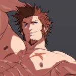  1boy abs bara blue_eyes brown_hair dizdoodz facial_hair fate/grand_order fate_(series) goatee hand_on_own_head male_focus muscular muscular_male napoleon_bonaparte_(fate/grand_order) nipples pectorals scar scar_on_chest short_hair sideburns smile solo spiked_hair upper_body 