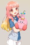 1girl :d aikatsu!_(series) aikatsu_friends! bangs blue_shirt blunt_bangs collared_shirt commentary_request crossover cup denim denim_shorts disposable_cup drinking_straw employee_uniform eyebrows_visible_through_hair gradient gradient_background gradient_hair grey_background hair_over_shoulder highres holding_creature kirby kirby_(series) lawson long_hair looking_at_viewer multicolored_hair open_mouth orange_hair pink_hair pinmisil shirt short_sleeves shorts simple_background smile striped striped_shirt trait_connection two-tone_shirt uniform vertical_stripes white_shirt white_shorts yuuki_aine 