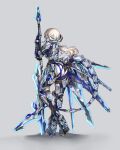  1girl absurdres alternate_color armor ass blue_eyes bodysuit english_commentary eyebrows_visible_through_hair full_body grey_background headgear highres holding holding_spear holding_weapon hyemalequisetum long_hair looking_at_viewer looking_back mask mecha_musume mechanical_tail neon_trim original planted planted_spear planted_weapon polearm solo spear standing tail weapon white_hair 
