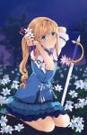 1other blonde_hair blue_dress blue_eyes chevalier_d&#039;eon_(fate/grand_order) commentary dress fate/grand_order fate_(series) field flower flower_field hair_flower hair_ornament hair_ribbon highres k-rumi long_hair looking_at_viewer night night_sky pink_ribbon planted_sword planted_weapon ponytail pose rapier ribbon seiza signature sitting sky smile solo sword tying_hair weapon 