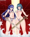  2021 2girls absurdres animal_print bikini breasts byleth_(fire_emblem) byleth_(fire_emblem)_(female) chinese_zodiac cow_print falchion_(fire_emblem) fire_emblem fire_emblem:_three_houses fire_emblem_awakening fire_emblem_heroes happy_new_year highres kill_la_kill long_hair lucina_(fire_emblem) multiple_girls navel new_year patdarux super_smash_bros. swimsuit sword weapon year_of_the_ox 
