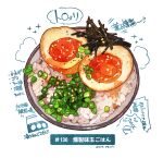  bowl egg food food_focus garnish hardboiled_egg highres momiji_mao no_humans original rice rice_bowl seaweed sesame_seeds simple_background sparkle spring_onion still_life translation_request white_background 