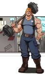  1boy alternate_costume bara bare_arms bare_shoulders beard beckoning biceps blind blonde_hair blue_pants chest_hair facial_hair full_body goatee hair_slicked_back highres leather_belt male_focus medium_hair muscular muscular_male nyaarr overwatch pants pectorals reinhardt_(overwatch) scar scar_across_eye scar_on_arm smile solo weightlifting younger 