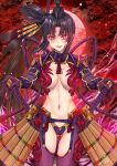  1girl :d absurdres armor ass_visible_through_thighs bangs bikini_armor black_hair blood blood_on_face blunt_bangs breasts cleavage commentary_request cowboy_shot eyebrows_behind_hair fate/grand_order fate_(series) groin gu_li hat highres hikimayu holding holding_sword holding_weapon japanese_armor katana kote large_breasts lipstick long_hair looking_at_viewer makeup midriff moon navel open_mouth parted_bangs purple_lipstick red_eyes red_moon red_sky revealing_clothes sheath sheathed shrug_(clothing) side_ponytail sidelocks sky smile solo standing sword tagme tokin_hat ushiwakamaru_(avenger)_(fate) ushiwakamaru_(fate/grand_order) very_long_hair weapon 