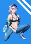  1girl absurdres azur_lane bare_shoulders baseball_cap blue_background blue_jacket blue_legwear bottle breasts cleavage crop_top crop_top_overhang earphones giulio_cesare_(azur_lane) giulio_cesare_(fitness_master)_(azur_lane) gradient gradient_legwear hat highres holding holding_bottle jacket long_hair medium_breasts multicolored multicolored_clothes multicolored_legwear navel purple_hair red_eyes saure_teigtasche shorts simple_background skin_tight solo sports_bra stomach white_shorts 