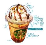  coffee cream cup disposable_cup drink drinking_straw food_focus highres momiji_mao no_humans original simple_background sparkle starbucks starbucks_siren still_life translation_request white_background 