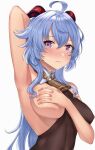  1girl absurdres ahoge arm_up armpits bell blue_hair blush bodysuit breasts covering covering_breasts covering_nipples cowbell detached_sleeves ganyu_(genshin_impact) genshin_impact goat_horns half-closed_eyes highres horns large_breasts long_hair looking_at_viewer maumaou one_breast_out purple_eyes simple_background sleeveless sweatdrop upper_body white_background 