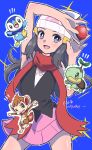  1girl :d bare_arms beanie black_hair black_shirt blue_background bright_pupils chimchar commentary_request dawn_(pokemon) eyelashes grey_eyes hat highres holding holding_poke_ball long_hair notice_lines open_mouth pink_skirt piplup poke_ball poke_ball_(basic) pokemon pokemon_(creature) pokemon_(game) pokemon_dppt red_scarf scarf shiny shiny_skin shirt skirt sleeveless sleeveless_shirt smile starter_pokemon_trio tonayon tongue turtwig white_headwear white_pupils 