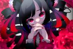  1girl bangs black_bow black_hair bow drill_hair eyeshadow flower goma_irasuto hair_bow hands_over_mouth hands_together head_tilt highres makeup original red_eyes red_eyeshadow red_flower red_theme shaded_face signature twintails 