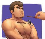  1boy abs bara barry_go brown_hair chest_hair completely_nude facial_hair food goatee highres kengo_(tokyo_houkago_summoners) male_focus muscular muscular_male nipples nude object_on_pectorals pectoral_focus pectorals pocky pocky_day short_hair solo stubble thick_eyebrows tokyo_houkago_summoners upper_body veins 