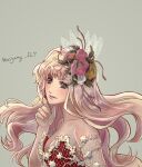  1girl artist_name bangs bare_shoulders blonde_hair blue_eyes blush breasts cleavage collarbone dress finger_to_own_chin floating_hair flower green_background hair_flower hair_ornament highres looking_to_the_side macross macross_frontier parted_lips pink_flower red_dress ryu_(masu_nantoka-san) sheryl_nome solo upper_body white_flower 