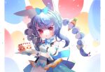 1girl :o alternate_costume animal_ear_fluff animal_ears balloon bangs bare_shoulders blue_bow blue_hair blue_neckwear blue_ribbon blue_skirt blush bow bow_hairband braid breasts bunny_ears cake candle center_frills commentary_request confetti detached_sleeves dress eyebrows_visible_through_hair fire flame food frilled_hairband frills gloves hair_bow hair_ornament hairband holding hololive long_hair looking_at_viewer multicolored_hair parted_lips pillarboxed puffy_short_sleeves puffy_sleeves red_eyes ribbon short_sleeves skirt sleeveless solo sparkle symbol_commentary thick_eyebrows translucent_hair twin_braids twintails usada_pekora virtual_youtuber yokoe_(mealtime) 