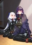  2girls absurdres ankle_cuffs bdsm black_bodysuit blush bodysuit bow collar corset cuffs hair_bow hairband heavy_breathing hie_(hiememiko) hiememiko highres kantai_collection latex latex_bodysuit looking_at_viewer multiple_girls murakumo_(kantai_collection) original purple_eyes purple_hair shiny shiny_clothes sitting sitting_on_floor skin_tight wariza white_hair wrist_cuffs yellow_eyes 