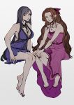  2girls aerith_gainsborough bangs bare_shoulders barefoot belt black_bow black_hair black_nails black_neckwear blue_dress bow bowtie breasts brown_hair cleavage closed_mouth dress final_fantasy final_fantasy_vii final_fantasy_vii_remake forehead full_body green_eyes hair_bow hair_ornament halterneck hands_on_own_knees highres jewelry large_breasts lips long_hair looking_at_viewer multiple_girls nail_polish necklace oimkimn parted_lips pink_bow pink_dress red_eyes red_nails sidelocks simple_background sitting smile tifa_lockhart toenail_polish white_background wristwear 