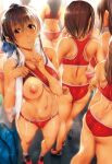  6+girls adjusting_buruma adjusting_clothes ankle_socks ass back bangs bikini_pull brown_hair buruma eyebrows_visible_through_hair finger_to_mouth flashing high_ponytail highres index_finger_raised long_hair looking_at_viewer multiple_girls navel nipples nohito one_breast_out original parted_lips shoes short_hair sneakers sports_bikini sportswear standing sweat tan tanline towel towel_around_neck 