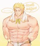  1boy abs bandaid bandaid_on_face bara bare_pecs blind blonde_hair blush bound bound_wrists chinese_text facial_hair goatee highres ina_zuma jacob_(tokyo_houkago_summoners) male_focus muscular muscular_male nipples pectorals short_hair sideburns solo tokyo_houkago_summoners towel towel_around_neck translation_request wrestling_outfit 