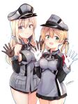  2girls armor bismarck_(kantai_collection) blonde_hair blue_eyes blush breasts closed_mouth coat collarbone covered_collarbone cowboy_shot double-breasted drop_shadow eyebrows_visible_through_hair gloves green_eyes hair_between_eyes halterneck hands_up hat kantai_collection long_hair looking_at_viewer medium_breasts multiple_girls open_hands open_mouth palms prinz_eugen_(kantai_collection) shiitake_taishi short_twintails sideboob signature simple_background skirt smile sparkle thighhighs twintails waving white_background 