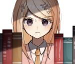  1girl ahoge akamatsu_kaede bangs blonde_hair blurry blurry_foreground book bookshelf_pov breasts closed_mouth collared_shirt danganronpa_(series) danganronpa_v3:_killing_harmony depth_of_field eighth_note eyebrows_visible_through_hair hair_ornament long_hair looking_at_viewer mdr_(mdrmdr1003) musical_note musical_note_hair_ornament necktie orange_neckwear pink_vest red_eyes shirt simple_background solo upper_body vest white_background white_shirt 