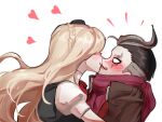  1boy 1girl bangs barry_nah black_bow black_hair black_jacket blonde_hair blush bow bowtie braid brown_hair couple danganronpa_(series) danganronpa_2:_goodbye_despair dress food french_braid from_side green_dress grey_hair hair_bow heart hetero highres hug imminent_kiss jacket long_hair long_sleeves looking_at_another nose_blush open_mouth pocky pocky_kiss scarf short_hair short_sleeves simple_background sonia_nevermind surprised tanaka_gandamu trembling upper_body white_background 