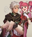  1boy 1girl ;d absurdres armor bare_legs blush boey_(fire_emblem) breastplate brown_eyes cape carrying circlet dark_skin dark_skinned_male ebinku fire_emblem fire_emblem_echoes:_shadows_of_valentia gloves grey_background hetero highres mae_(fire_emblem) one_eye_closed open_mouth pink_hair princess_carry smile sweatdrop twintails white_hair 