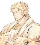 1boy bara blonde_hair closed_eyes facial_hair facing_to_the_side goatee halo ina_zuma jacob_(tokyo_houkago_summoners) jewelry male_focus muscular muscular_male necklace pectorals short_hair sideburns smile solo tokyo_houkago_summoners towel towel_around_neck upper_body 