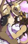  anthro axle_(panzerdvsn) black_nose blitzy-arts blitzy_(blitzy-arts) blonde_hair blue_eyes breasts brown_eyes brown_hair claws cleavage clothed clothed/nude clothed_female_nude_male clothing collar cougar couple_(disambiguation) dragon dress duo ear_piercing embrace felid feline female hair hi_res horn jewelry love male male/female mammal membrane_(anatomy) membranous_wings muscular muscular_male nude piercing princess ring romance royalty scalie size_difference smile western_dragon wings 
