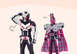  2boys =3 armor belt cape highres kamen_rider kamen_rider_01_(series) kamen_rider_ark-one kamen_rider_dcd kamen_rider_decade kamen_rider_zero-two multiple_boys otokamu pink_cape red_eyes sigh standing 