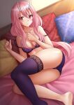  1girl ass bangs bare_arms bare_shoulders barefoot blush bow bow_bra bra breasts closed_mouth collarbone commentary eyebrows_visible_through_hair hair_between_eyes hands_up highres horns indoors kazenokaze long_hair looking_at_viewer lying medium_breasts on_bed on_side panties pillow pink_hair purple_bra purple_legwear purple_panties red_eyes shuna_(tensei_shitara_slime_datta_ken) single_thighhigh soles solo tensei_shitara_slime_datta_ken thighhighs underwear underwear_only very_long_hair 