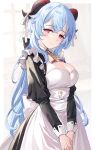  1girl alternate_costume bell blue_hair blush breasts cleavage closed_mouth commentary_request cowbell enmaided ganyu_(genshin_impact) genshin_impact goat_horns horns large_breasts light_smile long_hair long_sleeves maid puffy_long_sleeves puffy_sleeves ribbon smile solo white_ribbon yumaomi 